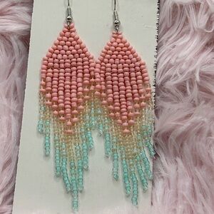 Pink, Cream & Aqua Ombre Fringe Earrings